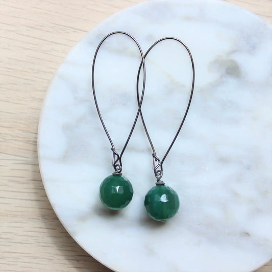 Gunmetal Gem Ball Earrings-Green Jade