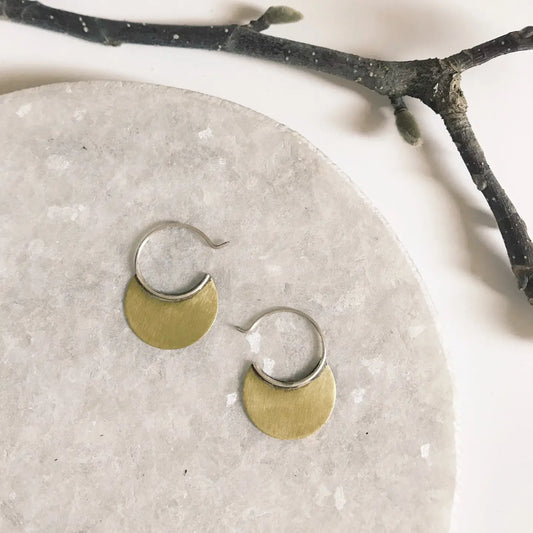 Modern Madini Tiny Brass Disc Circle Sterling Hoop Earrings